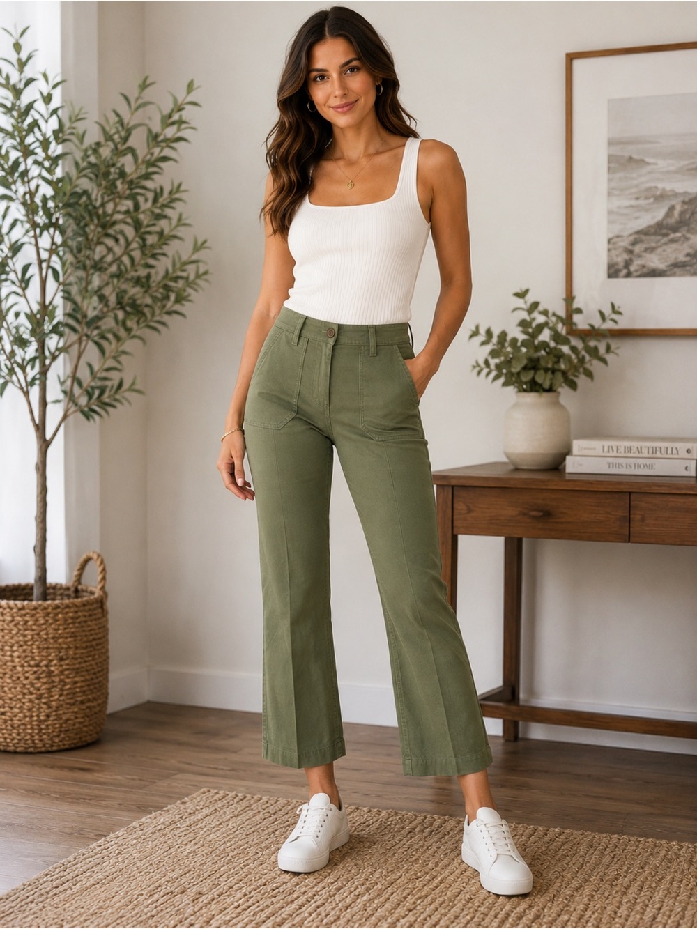 Kensie Allie Crop Pants Womens 6 Olive Green High Rise Slim Straight Stretch